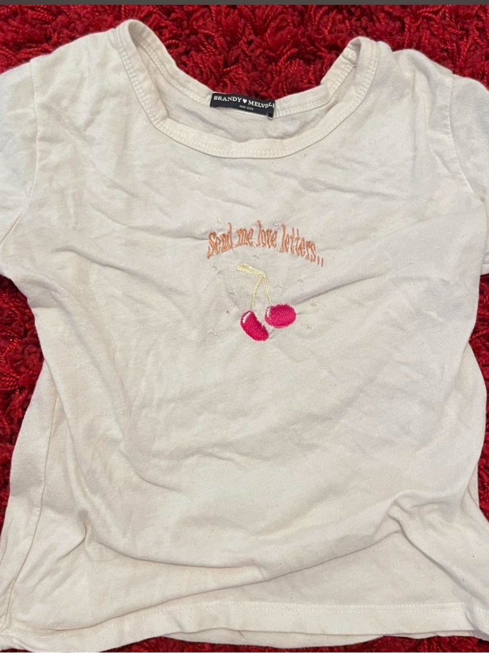 Brandy Melville White Tee with Pink Cherry Embroidery